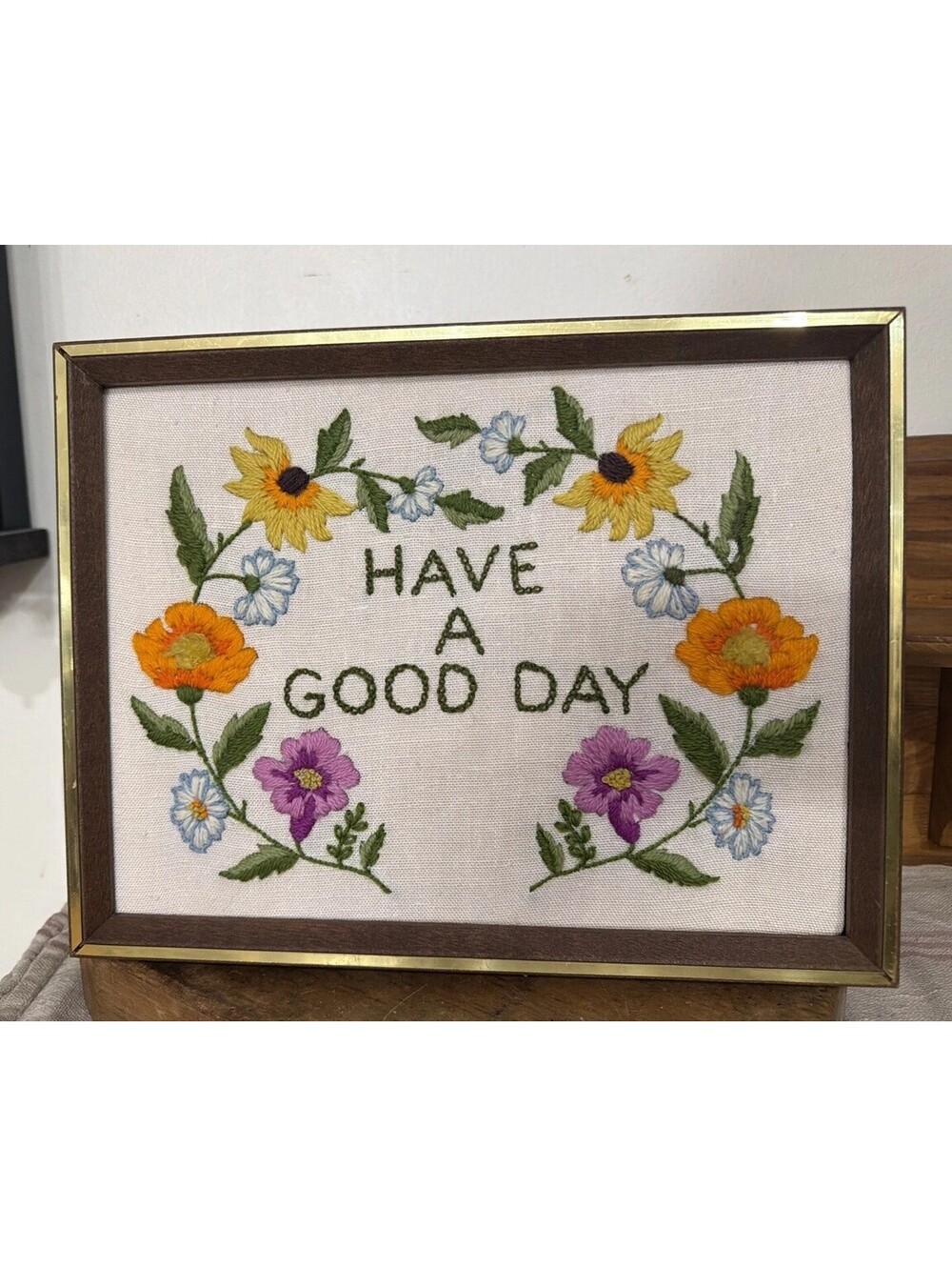 Vintage Crewel Have A Good Day Embroidery Art 70s Boho Hippie Floral Home Decor